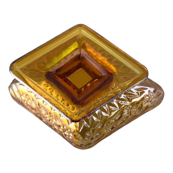 Vintage Iridescent Gold Carnival Glass Diamond Shaped Footed Candy Dish Floral - Picture 5 of 16